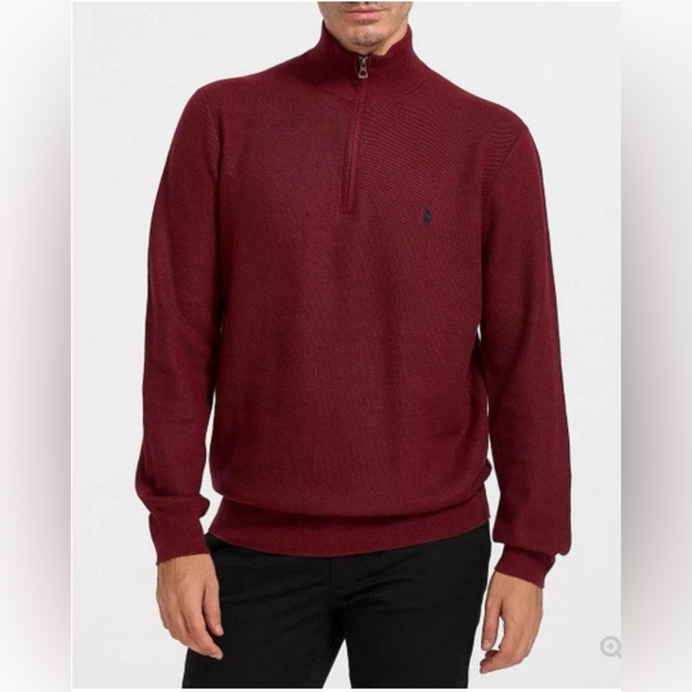 Polo Ralph Lauren Maroon Red Blue Pony Logo 1/4 Zip Pima Cotton Sweater Men’s S